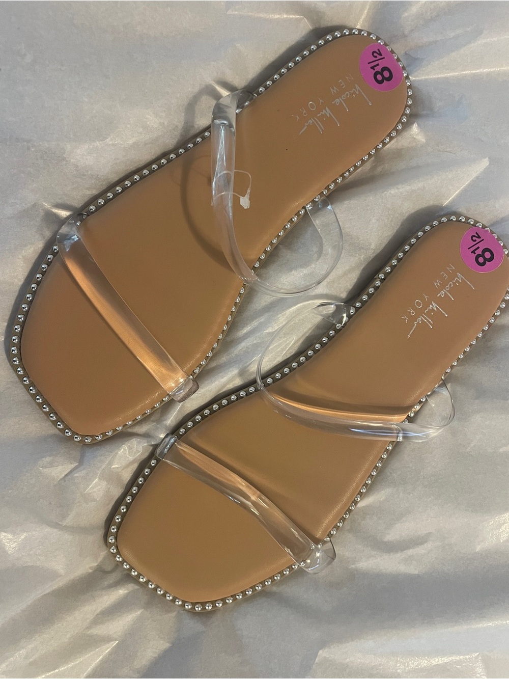 NWT Nicole Miller New York Clear Studded Flat Sandals 8.5 | Coastal Minimalist C